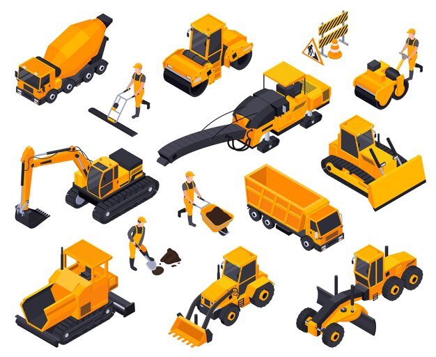 Conjunto de iconos isométricos de construcción de carreteras aisladas con diferentes excavadoras amarillas, máquinas de automóviles, ilustración vectorial