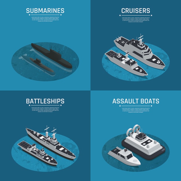 Conjunto de iconos isométricos de cuatro barcos militares cuadrados