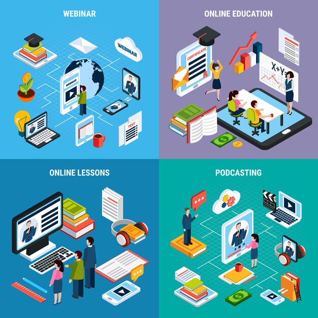 Conjunto de iconos isométricos de cuatro seminarios web