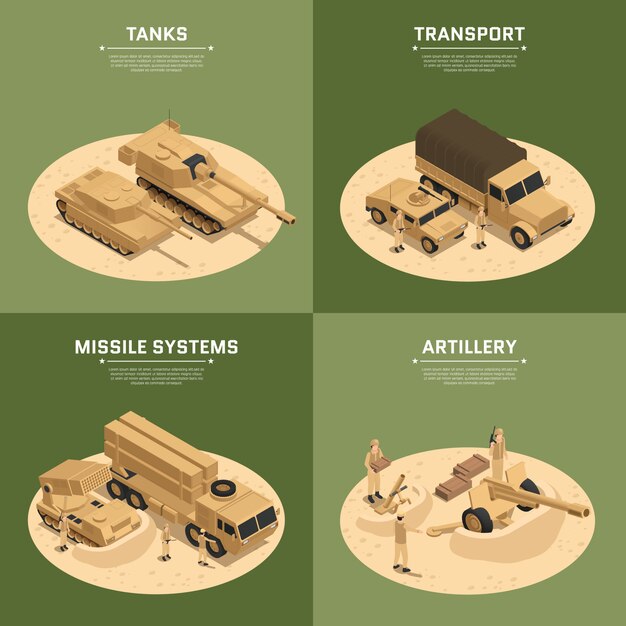 Conjunto de iconos isométricos de cuatro vehículos militares cuadrados