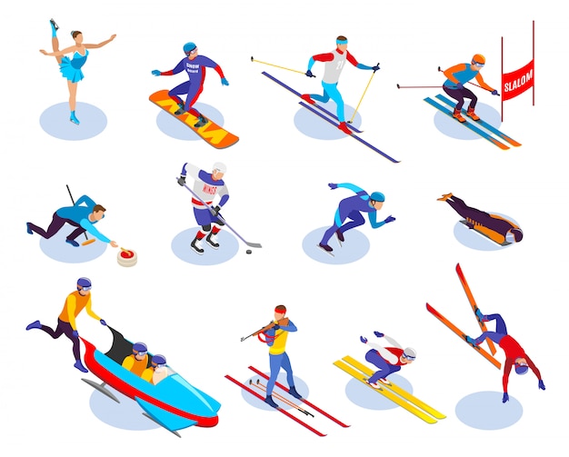 Conjunto de iconos isométricos de deportes de invierno de snowboard slalom curling freestyle patinaje artístico hockey sobre hielo biatlón isométrico