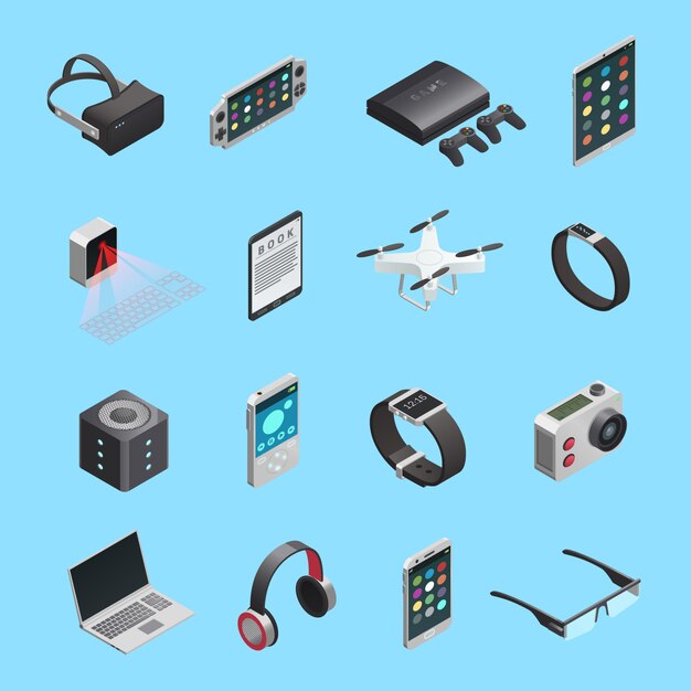 Conjunto de iconos isométricos de diferentes aparatos electrónicos para la comunicación reproduciendo música foto y otros