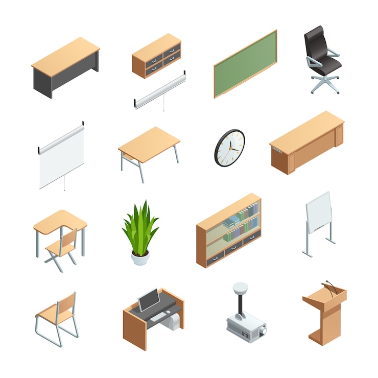 Vector gratuito conjunto de iconos isométricos de diferentes elementos interiores del aula como equipos de muebles