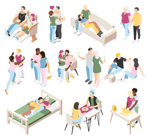 Conjunto de iconos isométricos de diferentes parejas de parejas humanas que pasan tiempo juntos en el picnic del restaurante del cine y la ilustración vectorial isométrica del hogar