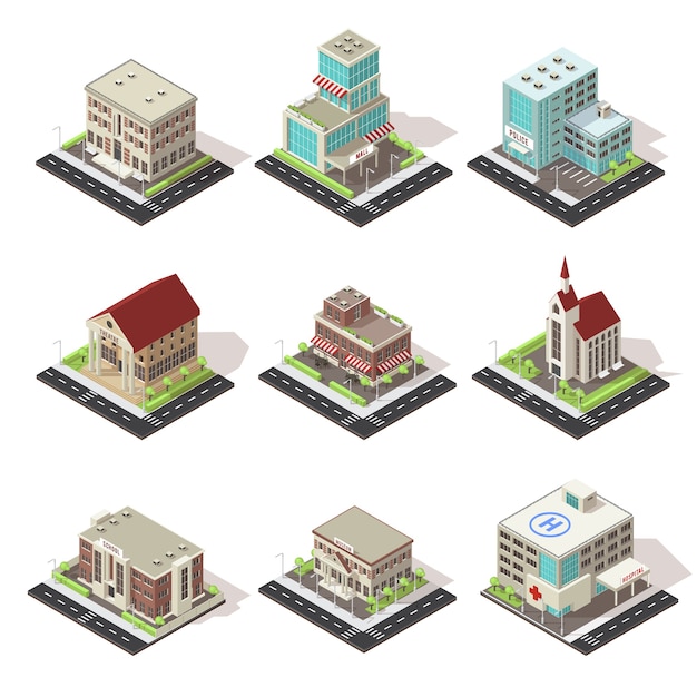 Conjunto de iconos isométricos de edificios y carreteras de la ciudad