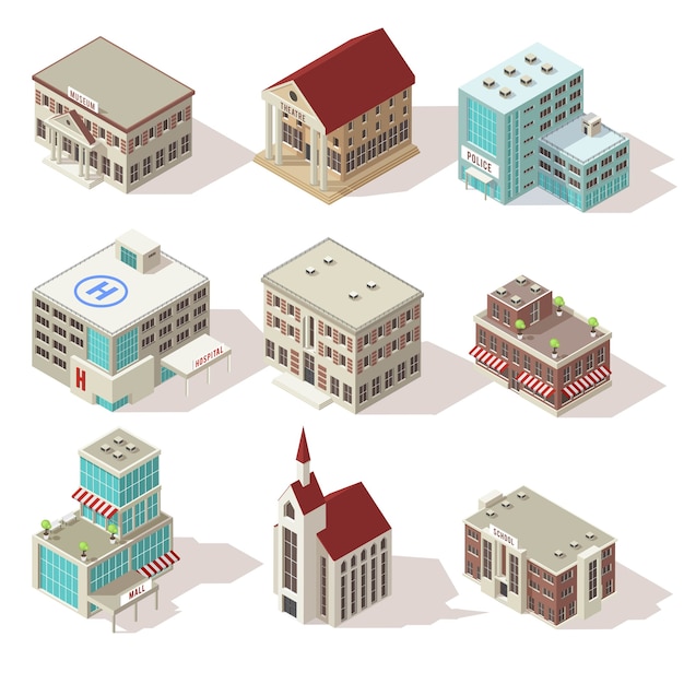 Conjunto de iconos isométricos de edificios de la ciudad