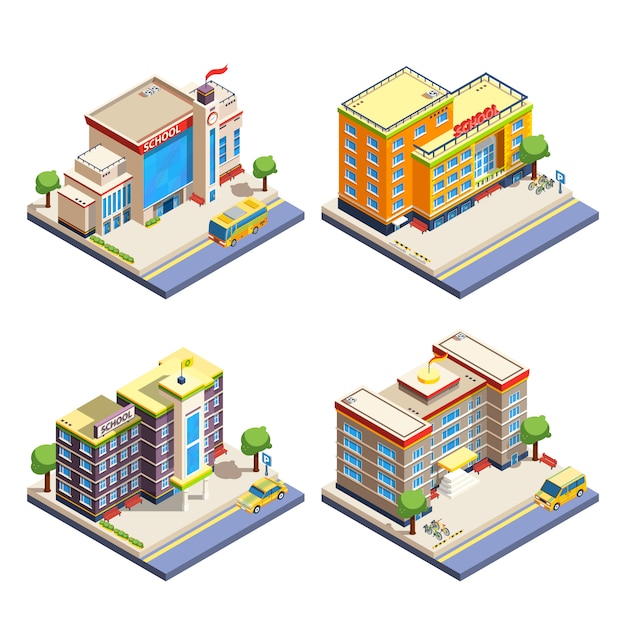 Vector gratuito conjunto de iconos isométricos de edificios escolares