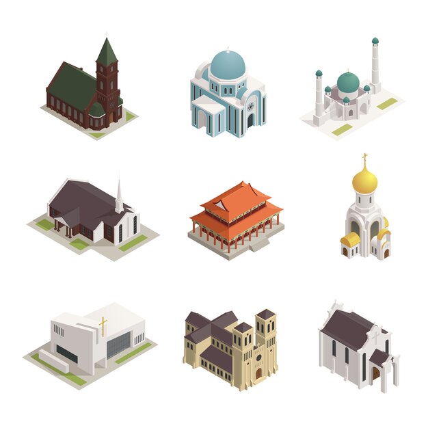 Conjunto de iconos isométricos de edificios de religiones del mundo