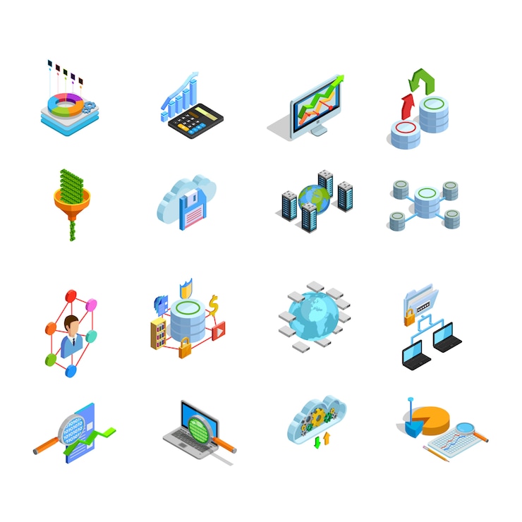 Vector gratuito conjunto de iconos isométricos de elementos de análisis de datos