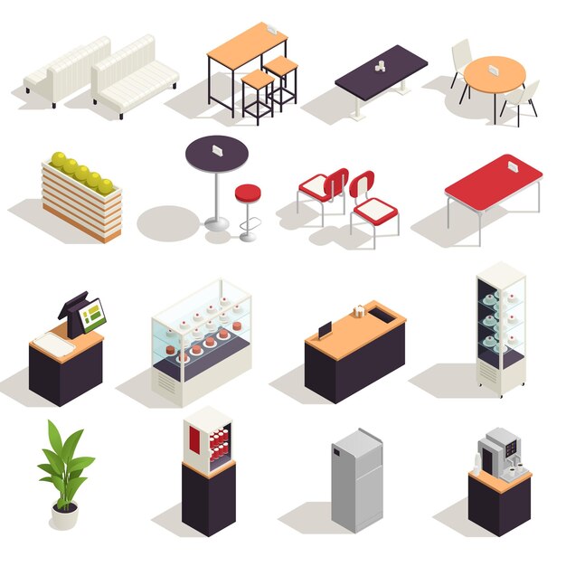 Conjunto de iconos isométricos de elementos del patio de comidas