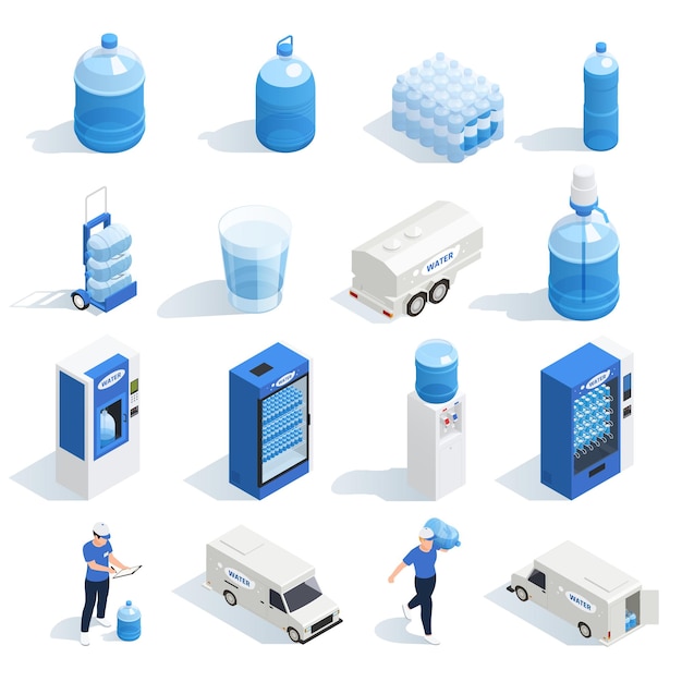 Vector gratuito conjunto con iconos isométricos de entrega de agua de máquinas expendedoras de calderas de botellas de plástico y personajes de trabajadores ilustración vectorial