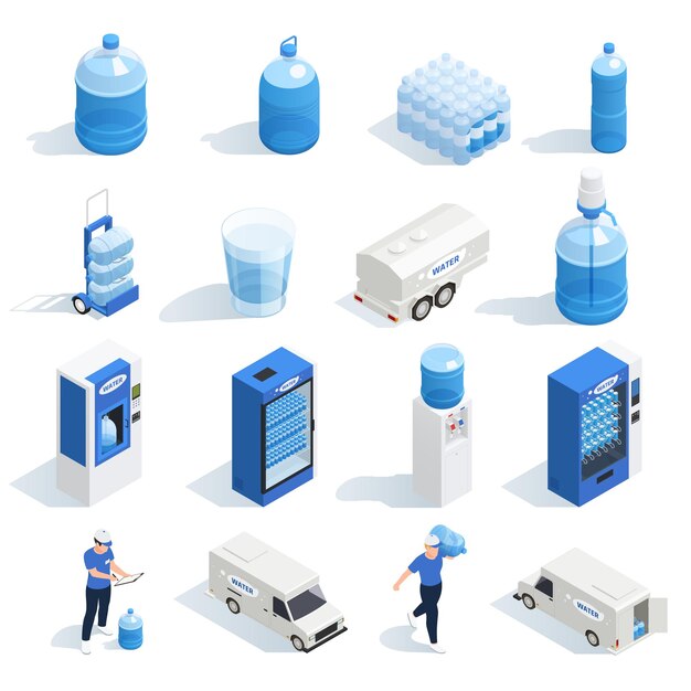 Conjunto con iconos isométricos de entrega de agua de máquinas expendedoras de calderas de botellas de plástico y personajes de trabajadores ilustración vectorial