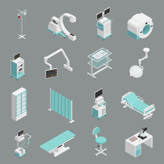 Vector gratuito conjunto de iconos isométricos de equipos de hospital