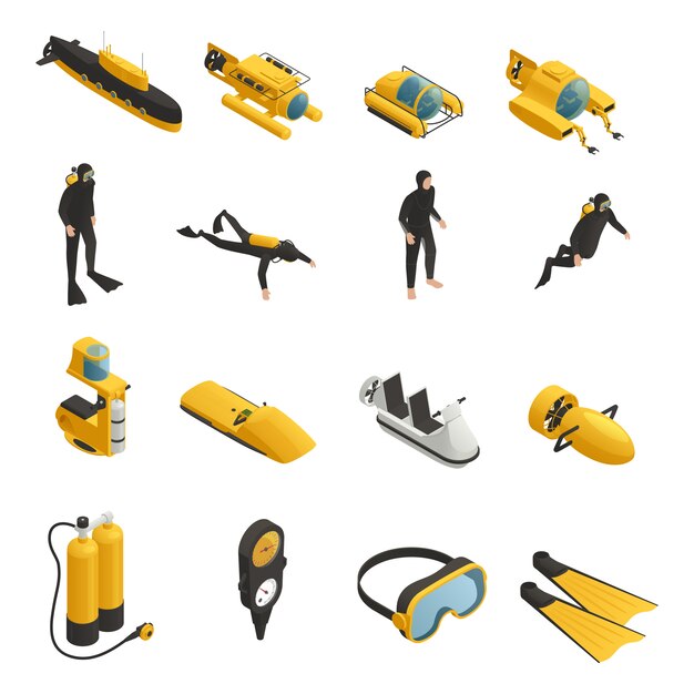 Conjunto de iconos isométricos de equipos submarinos
