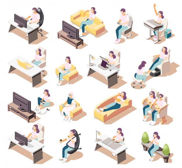 Conjunto de iconos isométricos de estilo de vida sedentario aislados de personas sentadas en diferentes entornos con muebles