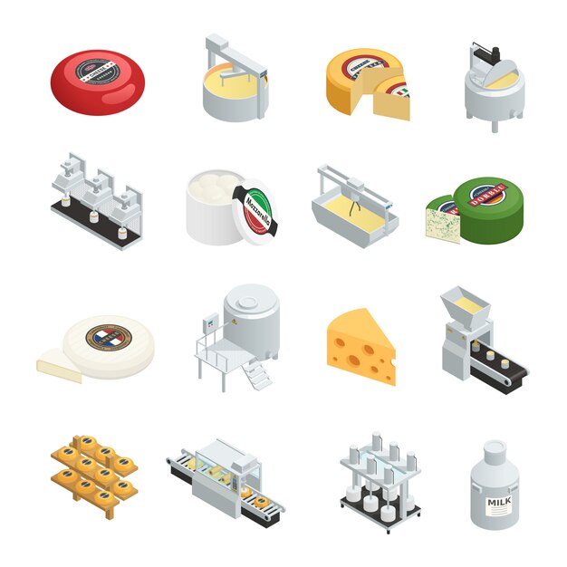 Conjunto de iconos isométricos de fábrica de producción de lácteos