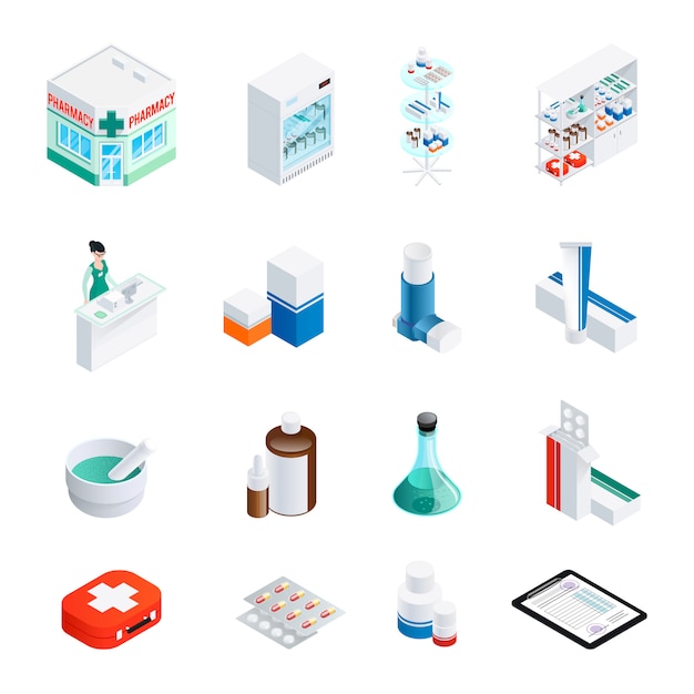 Vector gratuito conjunto de iconos isométricos de farmacia