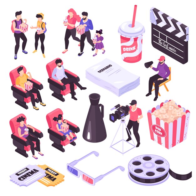 Conjunto de iconos isométricos de filmación de cine y cine aislado sobre fondo blanco ilustración 3d