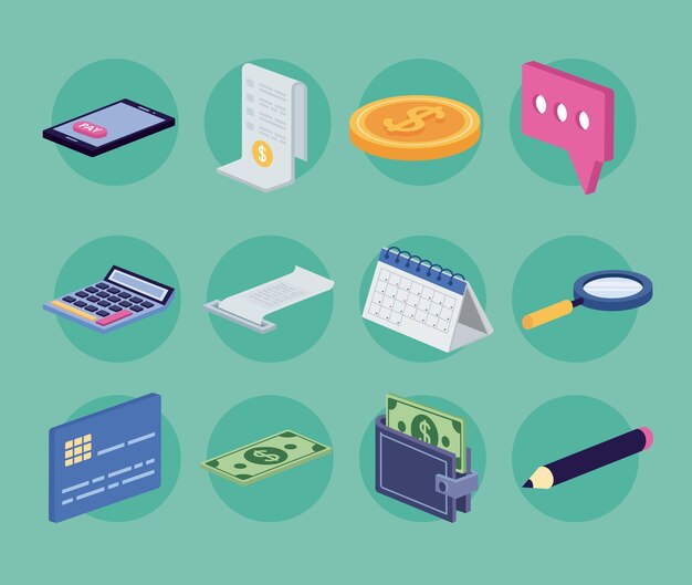 conjunto de iconos isométricos financieros