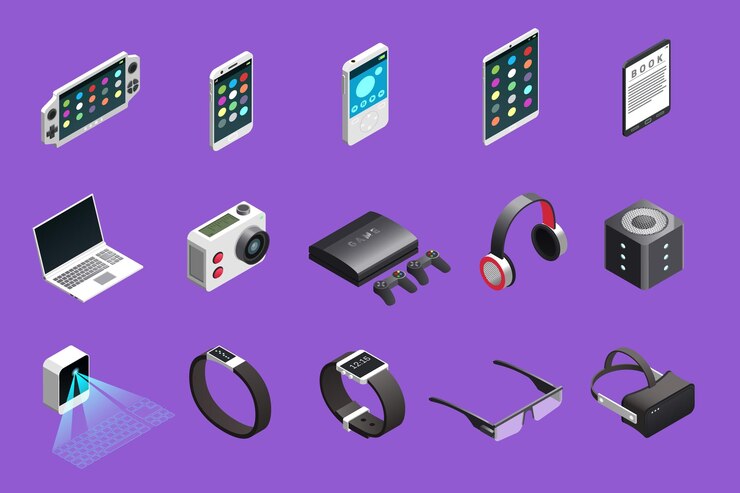 Vector gratuito conjunto de iconos isométricos de gadgets con teléfono inteligente portátil reloj inteligente playstation cámara tableta y otras técnicas ilustración vectorial