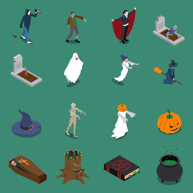 Vector gratuito conjunto de iconos isométricos de halloween monstruo