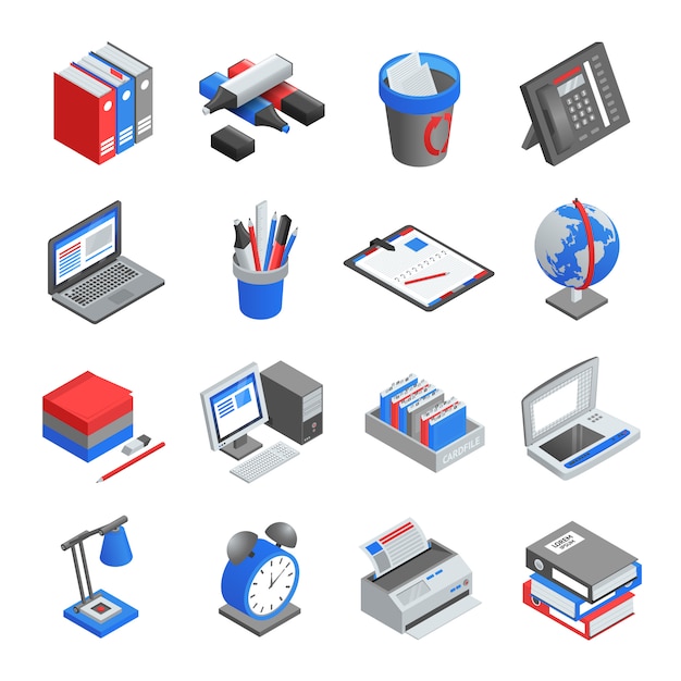 Conjunto de iconos isométricos de herramientas de oficina