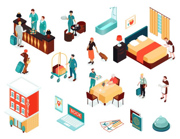 Conjunto de iconos isométricos del hotel de pasaportes boletos aéreos servicio de reserva recepcionista conserje mucama ilustración vectorial