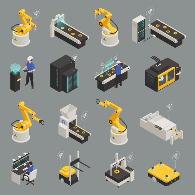 Conjunto de iconos isométricos de industria inteligente