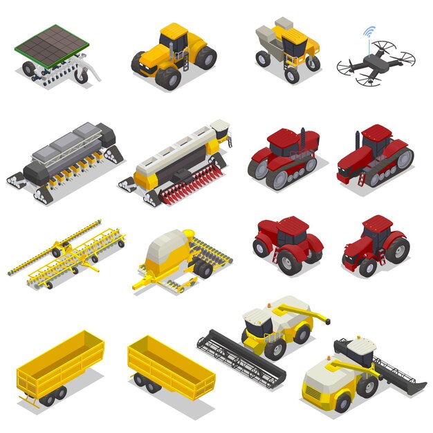 Conjunto con iconos isométricos de maquinaria agrícola moderna aislada con tractores pesados de cosechadoras y excavadoras de arado ilustración vectorial