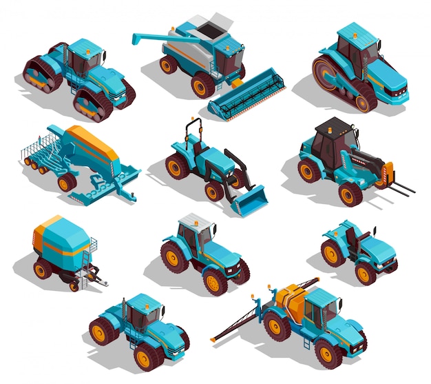 Vector gratuito conjunto de iconos isométricos de máquinas agrícolas