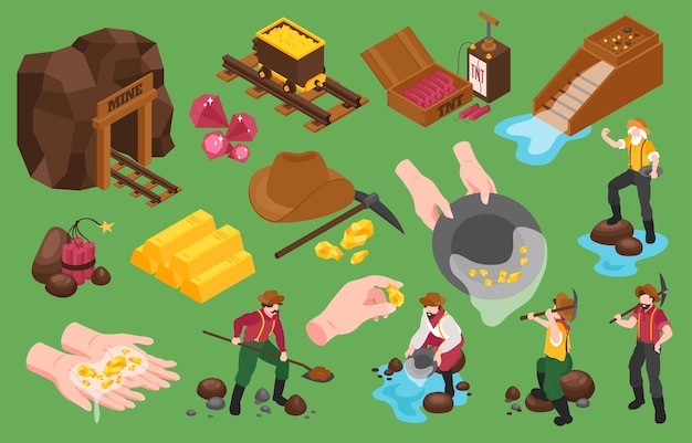 Conjunto de íconos isométricos de minería de oro e imágenes aisladas de extracción de oro con trabajadores y herramientas ilustración vectorial
