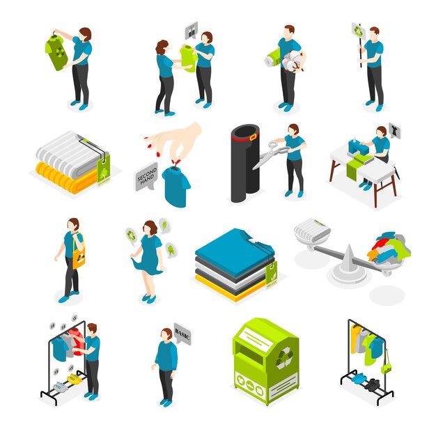 Conjunto de iconos isométricos de moda sostenible tecnologías verdes ilustradas en la industria de la moda ilustración vectorial aislada