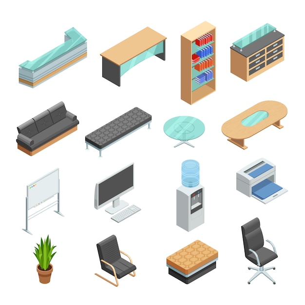 Conjunto de iconos isométricos de muebles de oficina