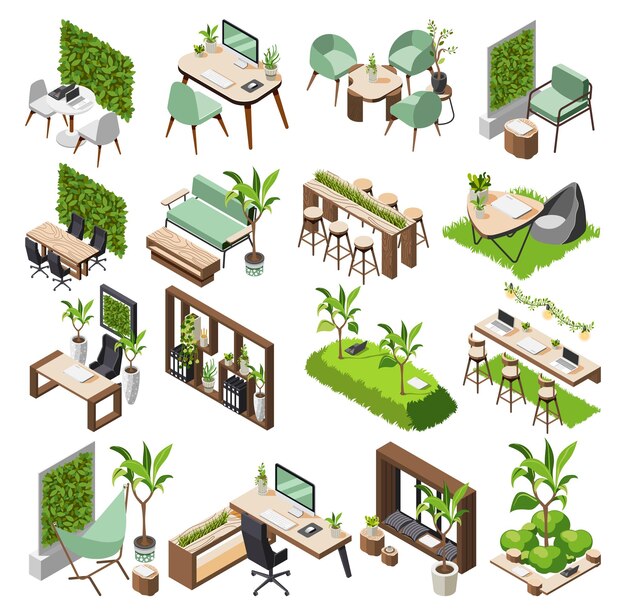 Conjunto de iconos isométricos de oficina verde con plantas verdes y flores, equipo ecológico y muebles de herramientas, ilustración vectorial