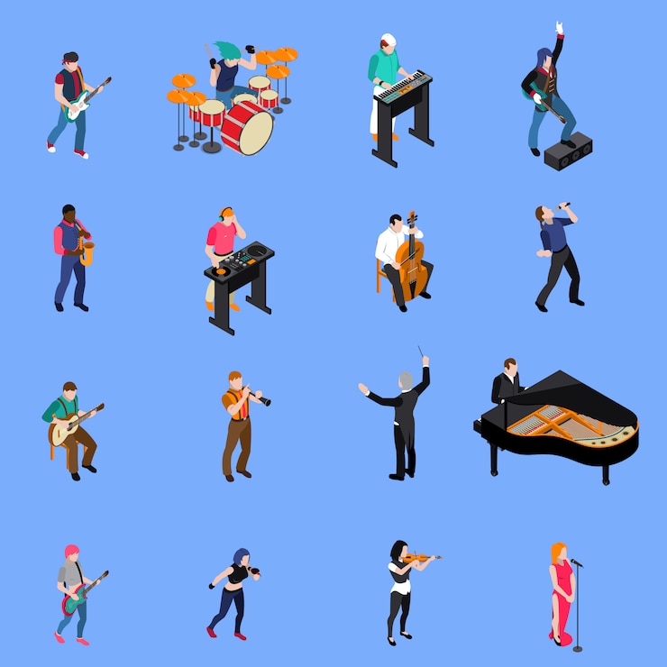 Vector gratuito conjunto de iconos isométricos de personas músicos