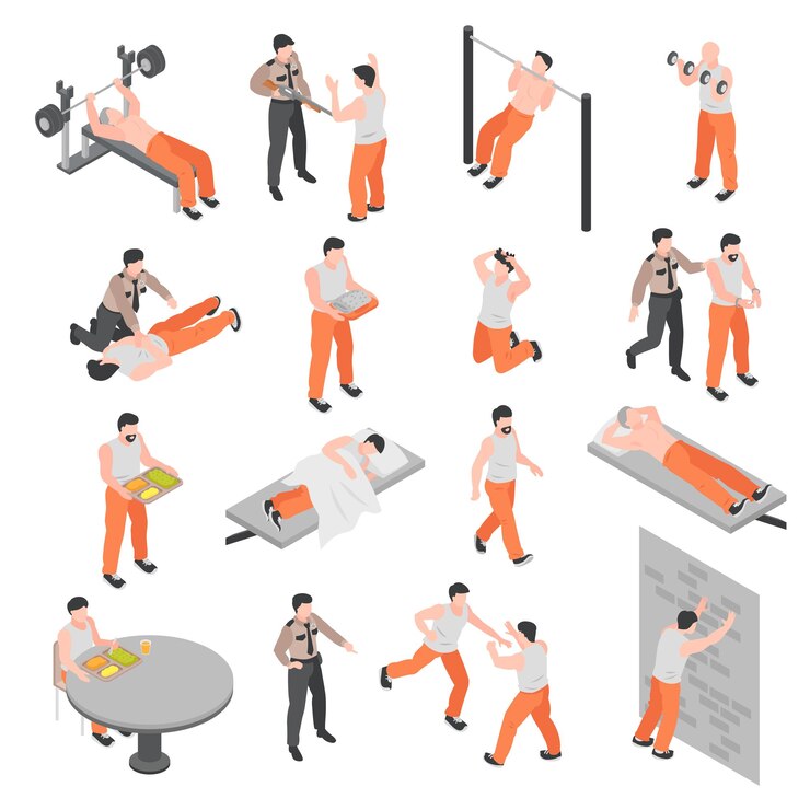 Vector gratuito conjunto de iconos isométricos de prisión de policía infractor guardián y prisionero personajes aislados ilustración vectorial