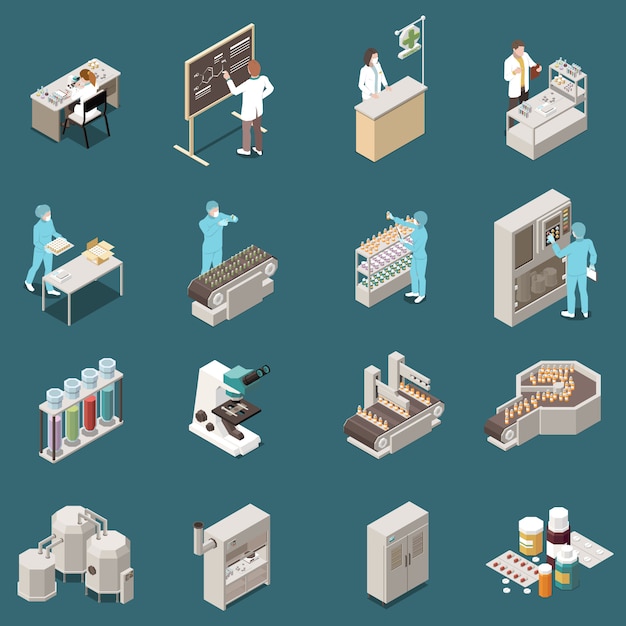 Conjunto de iconos isométricos de producción farmacéutica con científico en el trabajo y la ilustración de fabricación de medicamentos