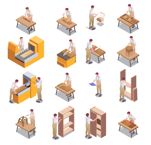 Conjunto de iconos isométricos de producción de muebles con trabajadores que hacen muebles, gabinetes de madera y encimeras, ilustración vectorial