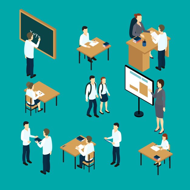 Conjunto de iconos isométricos de profesores y estudiantes
