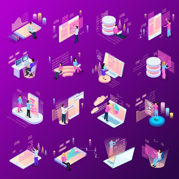 Conjunto de iconos isométricos de programación independiente de personajes humanos aislados e interfaces modernas con iconos infográficos