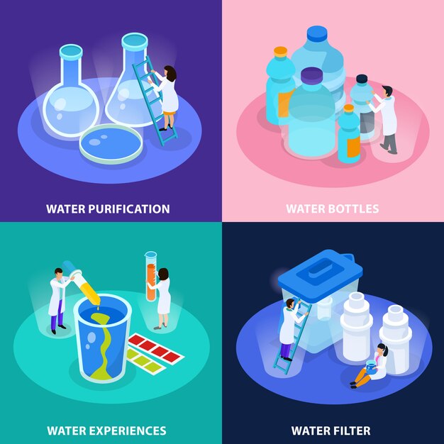 Conjunto de iconos isométricos de purificación de agua con experiencias de botellas de agua e ilustración de descripciones de filtro