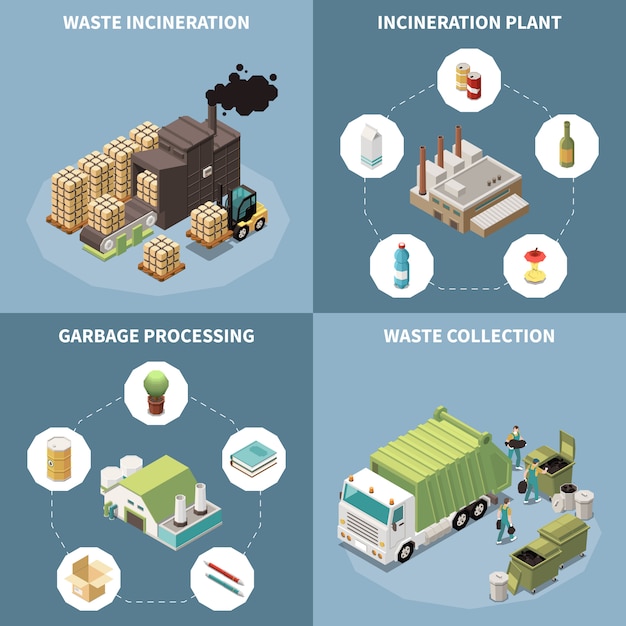 Conjunto de iconos isométricos de reciclaje de basura con incineración de desechos, procesamiento de basura y descripciones de recolección de desechos