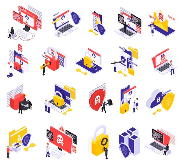 Conjunto de iconos isométricos de seguridad cibernética y protección de datos de virus y programa de spyware pirata informático que rompe el bloqueo aislado ilustración vectorial