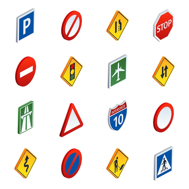 Conjunto de iconos isométricos de señales de tráfico por carretera