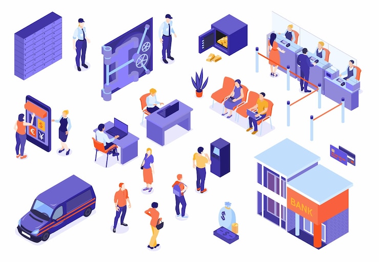 Vector gratuito conjunto de iconos isométricos de servicio bancario de empleados y clientes de terminales de pago de camiones blindados de depósito seguro vector ilustración aislada