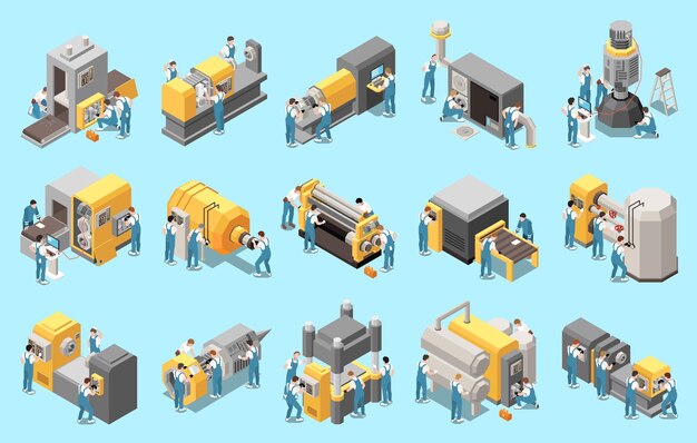 Conjunto de iconos isométricos de técnico de ingeniero de mantenimiento industrial con instalación y configuración de ilustración de vector de equipo complejo