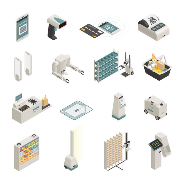 Conjunto de iconos isométricos de tecnologías de compras