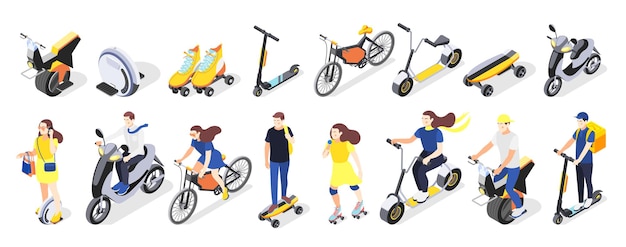 Conjunto de iconos isométricos de transporte ecológico personal de la ciudad moderna de patinetas bicicletas gyro scooters vehículos eléctricos ilustración vectorial