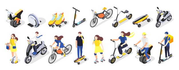 Conjunto de iconos isométricos de transporte ecológico personal de la ciudad moderna de patinetas bicicletas gyro scooters vehículos eléctricos ilustración vectorial