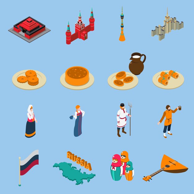 Conjunto de iconos isométricos turísticos de Rusia
